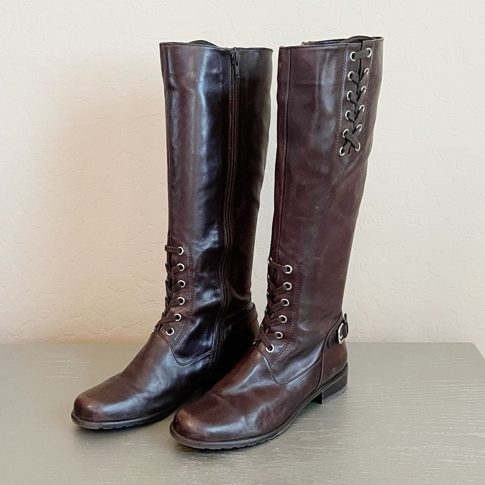 Stuart Weitzman Tall Boots Brown Leather Lace Up Strap Buckle Side Zipper Knee 6